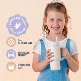 Ello Oasis lid twist dial tucks straw away for on-the-go sipping.