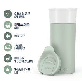 Ello Ogden ceramic travel mug shown as dishwasher-safe and BPA-free