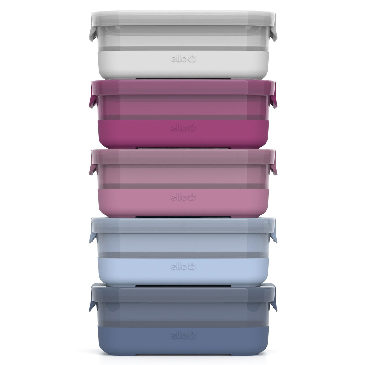Ello plastic 3.7 cup containers with elderberry silicone boots, ideal for durable lunch portions.
