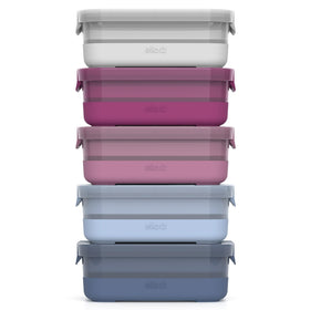 Ello plastic 3.7 cup containers with elderberry silicone boots, ideal for durable lunch portions.