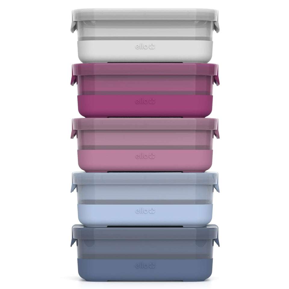 Ello plastic 3.7 cup containers with elderberry silicone boots, ideal for durable lunch portions.
