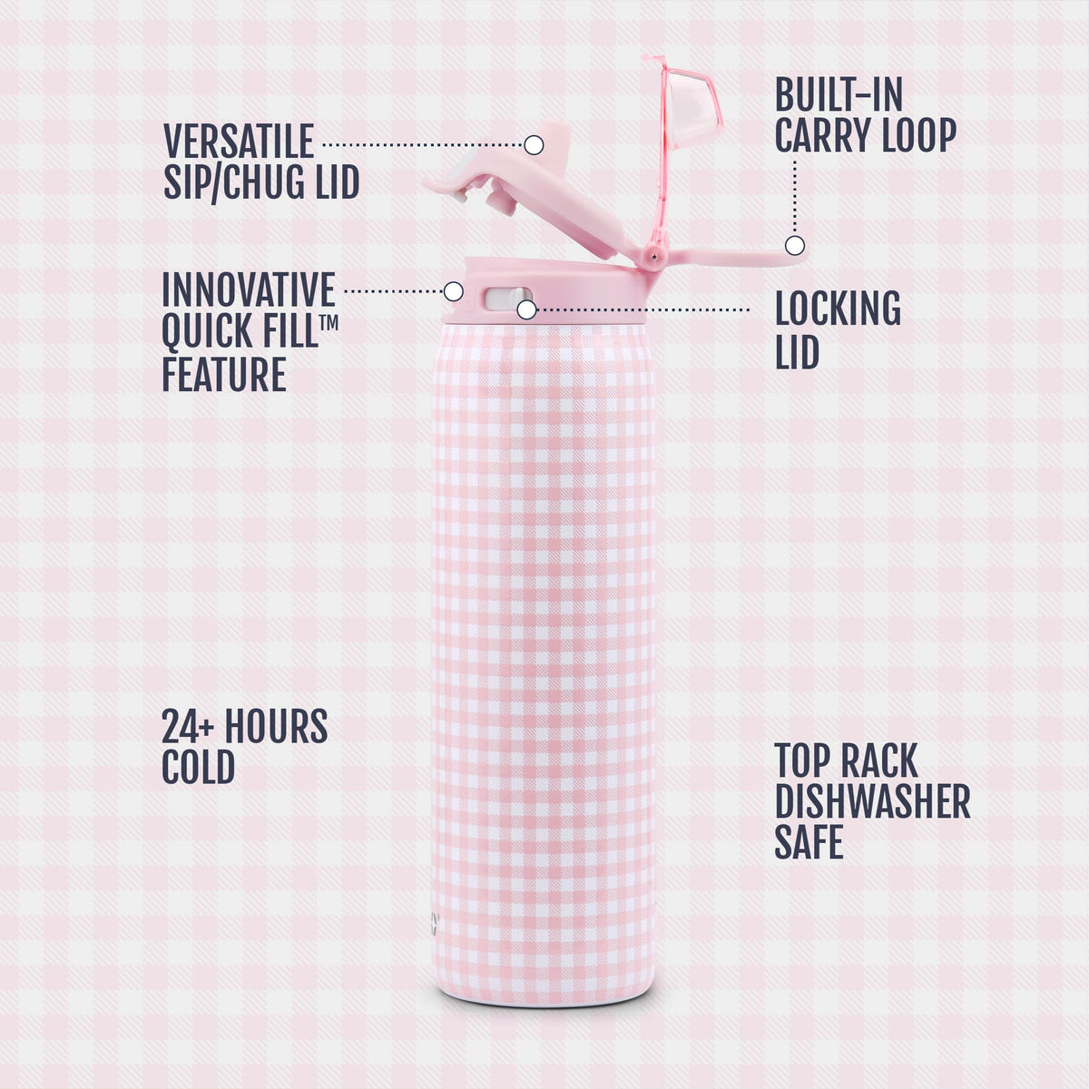 Ello Pop & Fill bottle leak-proof locking lid for secure transport.