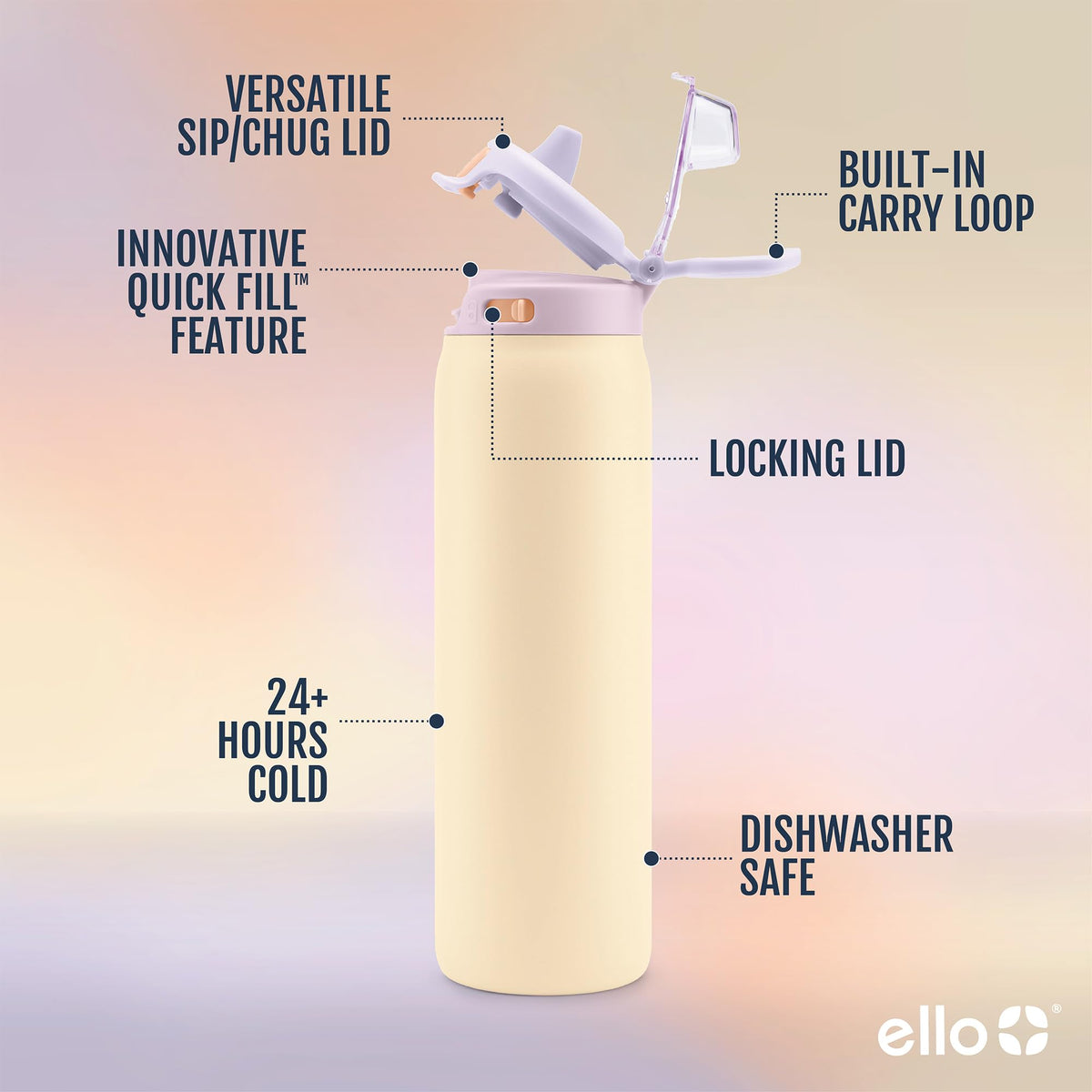 Ello Pop & Fill 22oz bottle with leak-proof locking lid keeps contents secure.