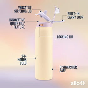 Ello Pop & Fill 22oz bottle with leak-proof locking lid keeps contents secure.