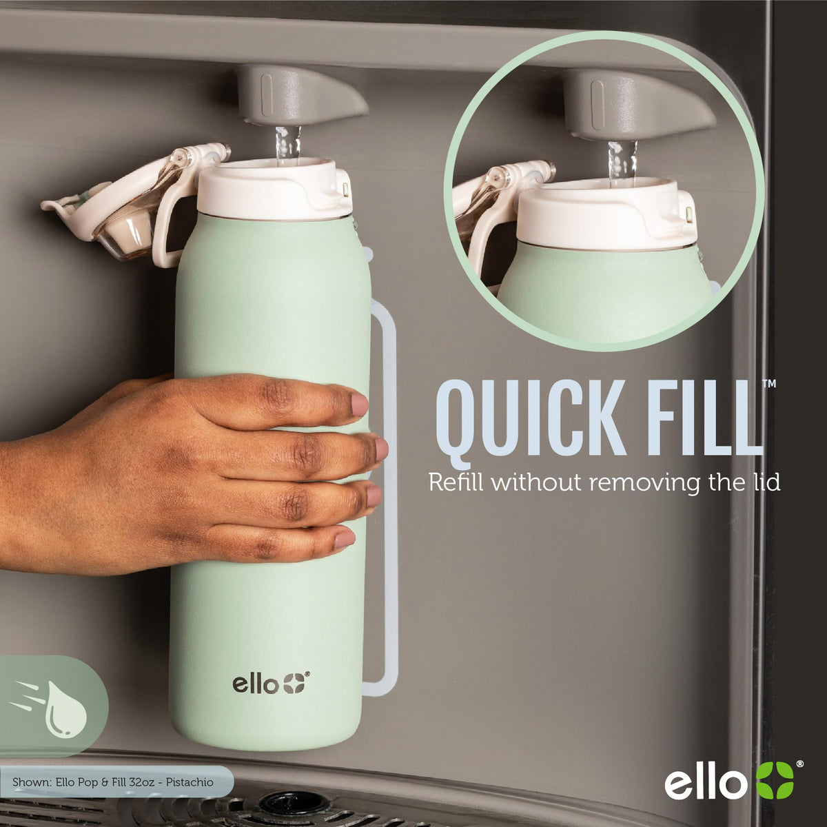 Ello Pop & Fill bottle shows secure locking leak-proof seal