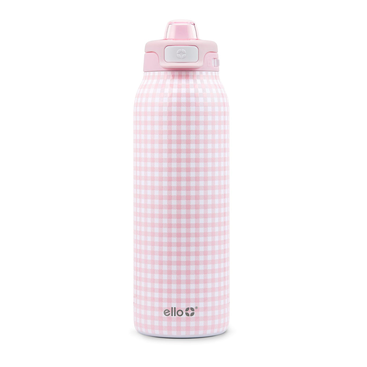 Ello Pop & Fill 32oz bottle with pink gingham pattern for stylish on-the-go hydration.
