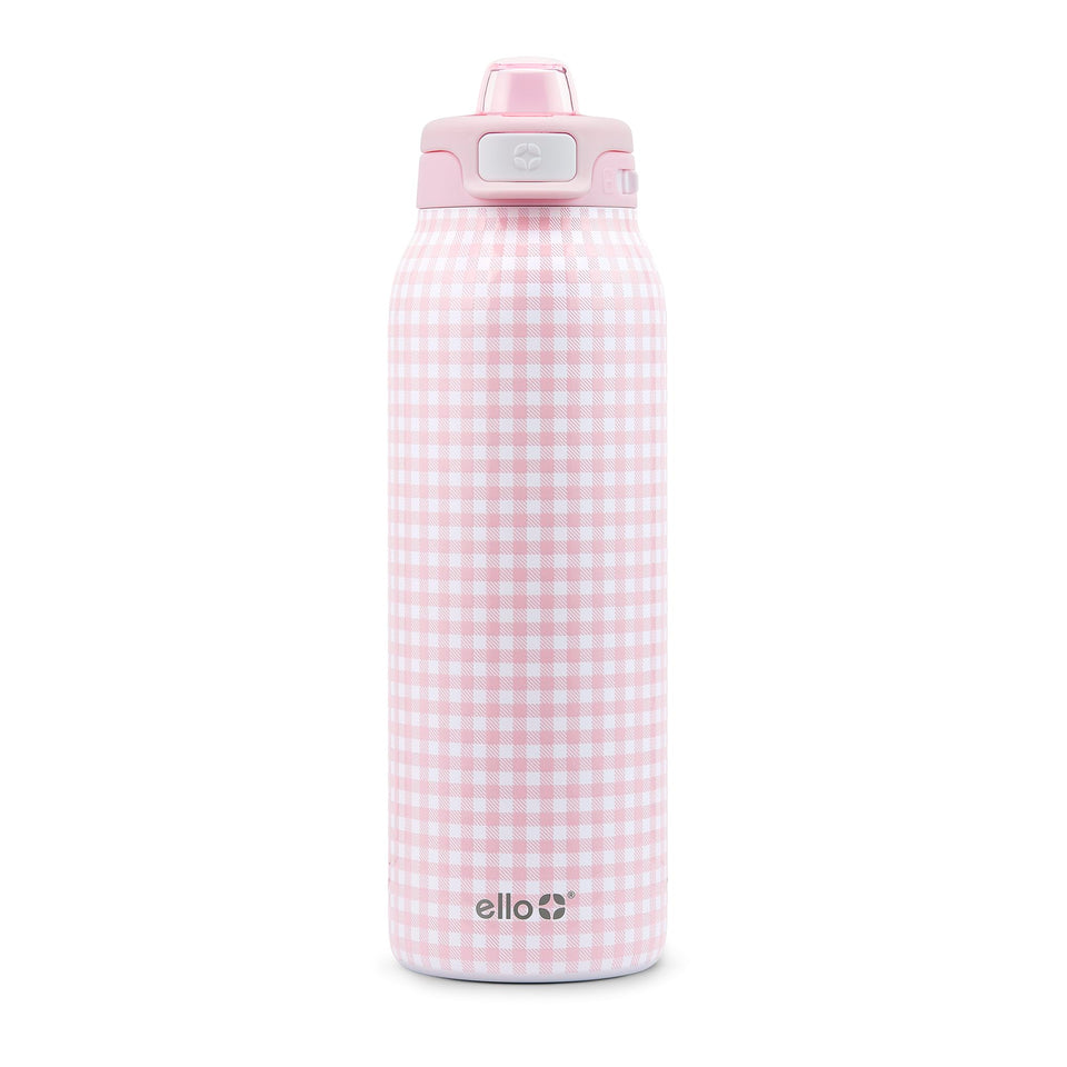Ello Pop & Fill 32oz bottle with pink gingham pattern for stylish on-the-go hydration.