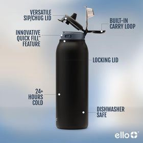 Ello Pop & Fill 40oz bottle leak-proof locking lid prevents spills in bags.