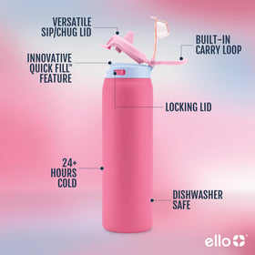 Ello Pop & Fill 40oz leak-proof locking lid prevents spills on the go