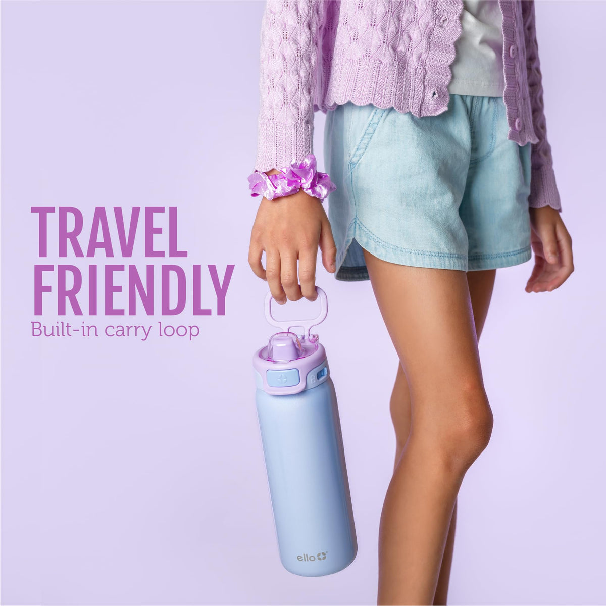 Ello Pop and Fill travel-ready bottle with carry loop.