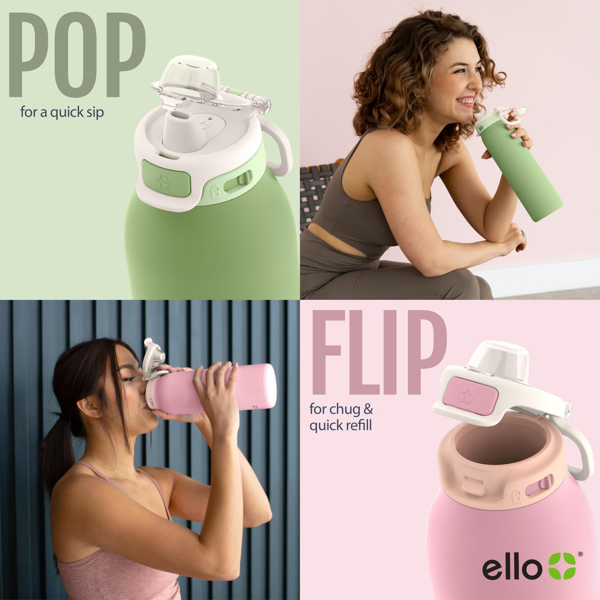 Ello Pop & Fill bottle highlighting the locking lid for spill-free transport.