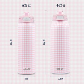 Ello pink gingham spout cover protects the drinking surface.