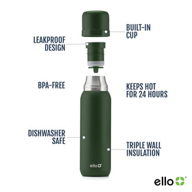 Built-in cup in use to enjoy hot tea or coffee anywhere.