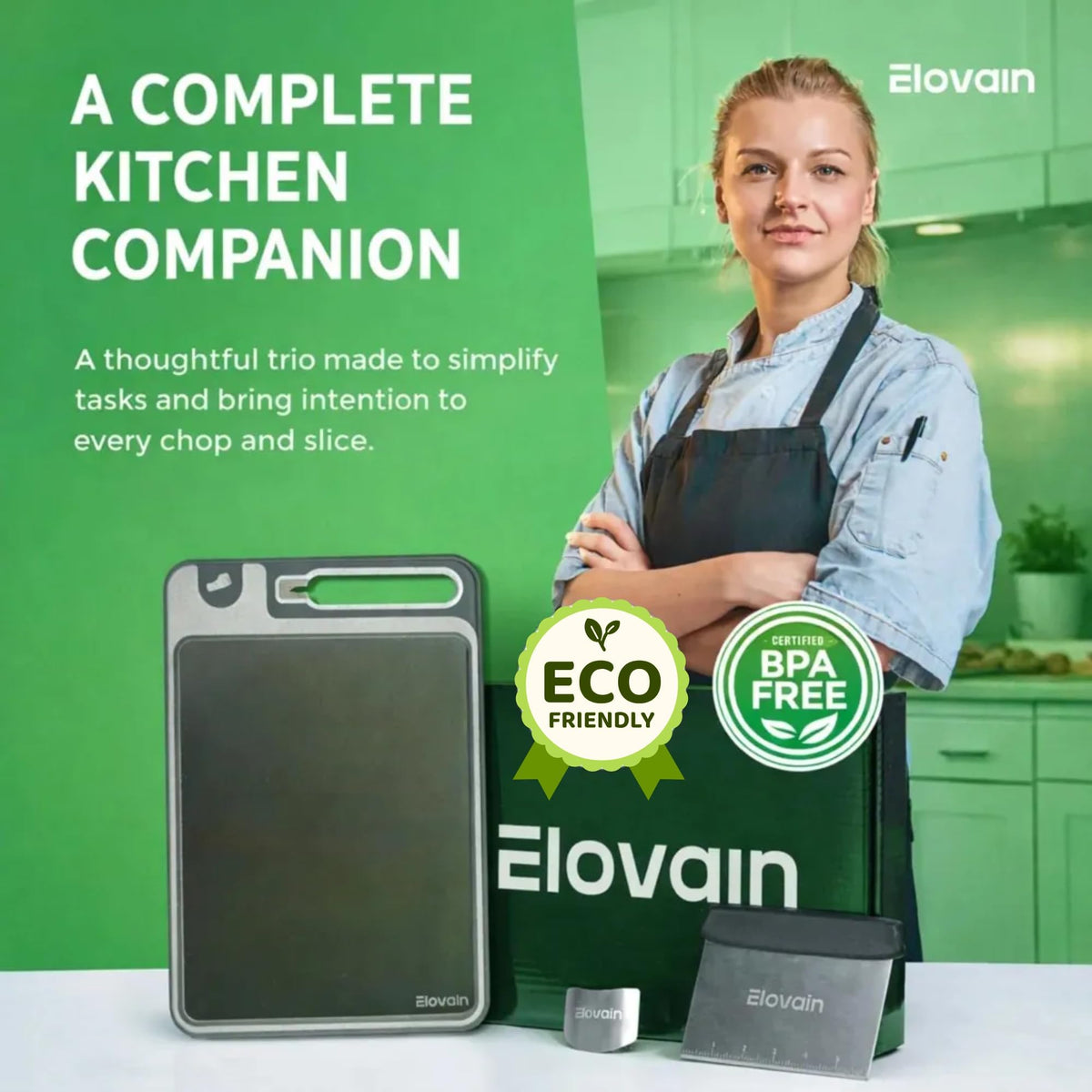 Elovain compact 15x10 inch cutting board fits small kitchens.