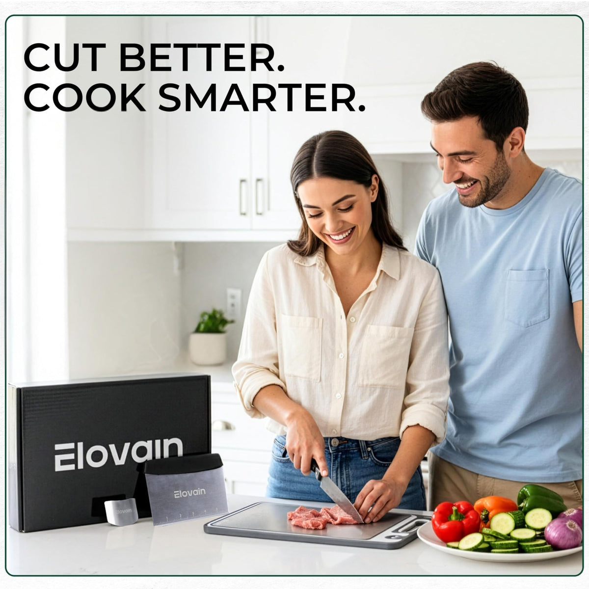 Elovain cutting board with non-slip edges for stable chopping.