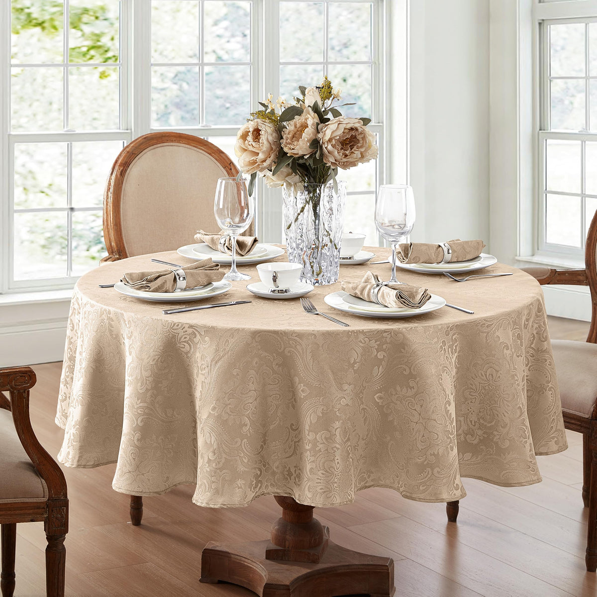 Close-up of the damask weave on Caiden Elegance for a luxe table accent.