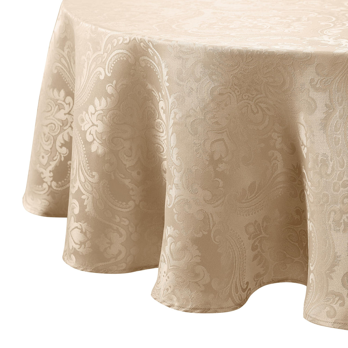 Elrene Caiden Elegance damask tablecloth in taupe with refined weave for elegant dinners.