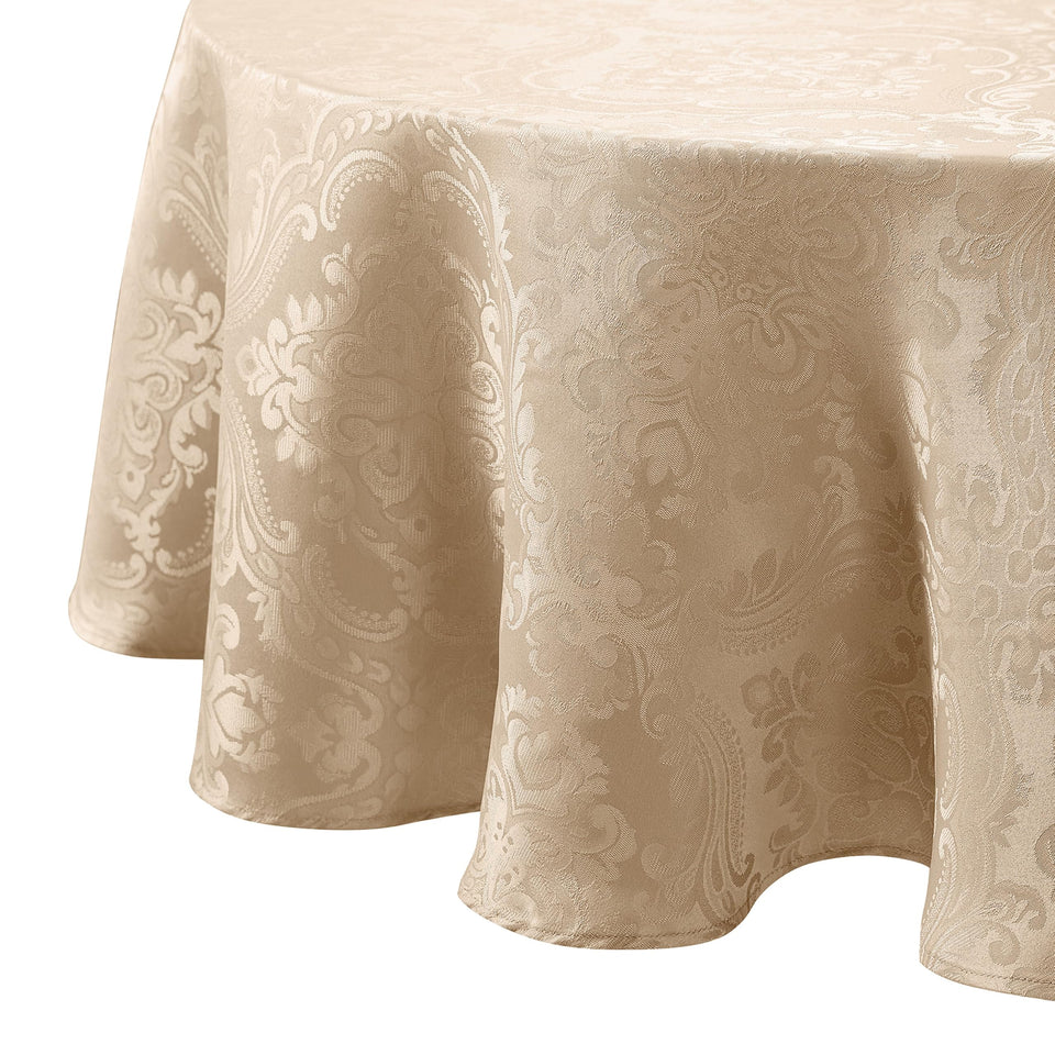 Elrene Caiden Elegance damask tablecloth in taupe with refined weave for elegant dinners.