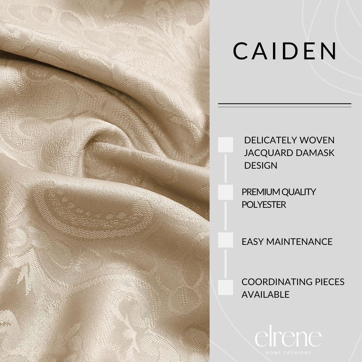 Stain-resistant finish on Caiden Elegance tablecloth keeps everyday meals looking neat.