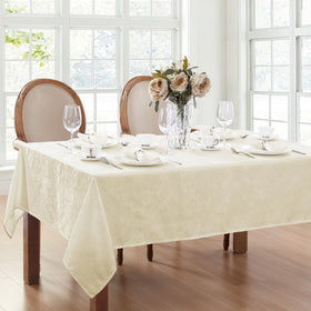 Elrene Caiden Elegance Damask Tablecloth shows waterproof finish for easy cleanup.