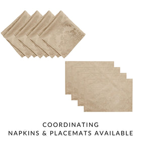 Wrinkle-resistant fabric drapes smoothly over round tables for a polished setting.