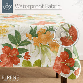 Elrene Callisto tropical tablecloth with palm leaves adds tropical ambiance