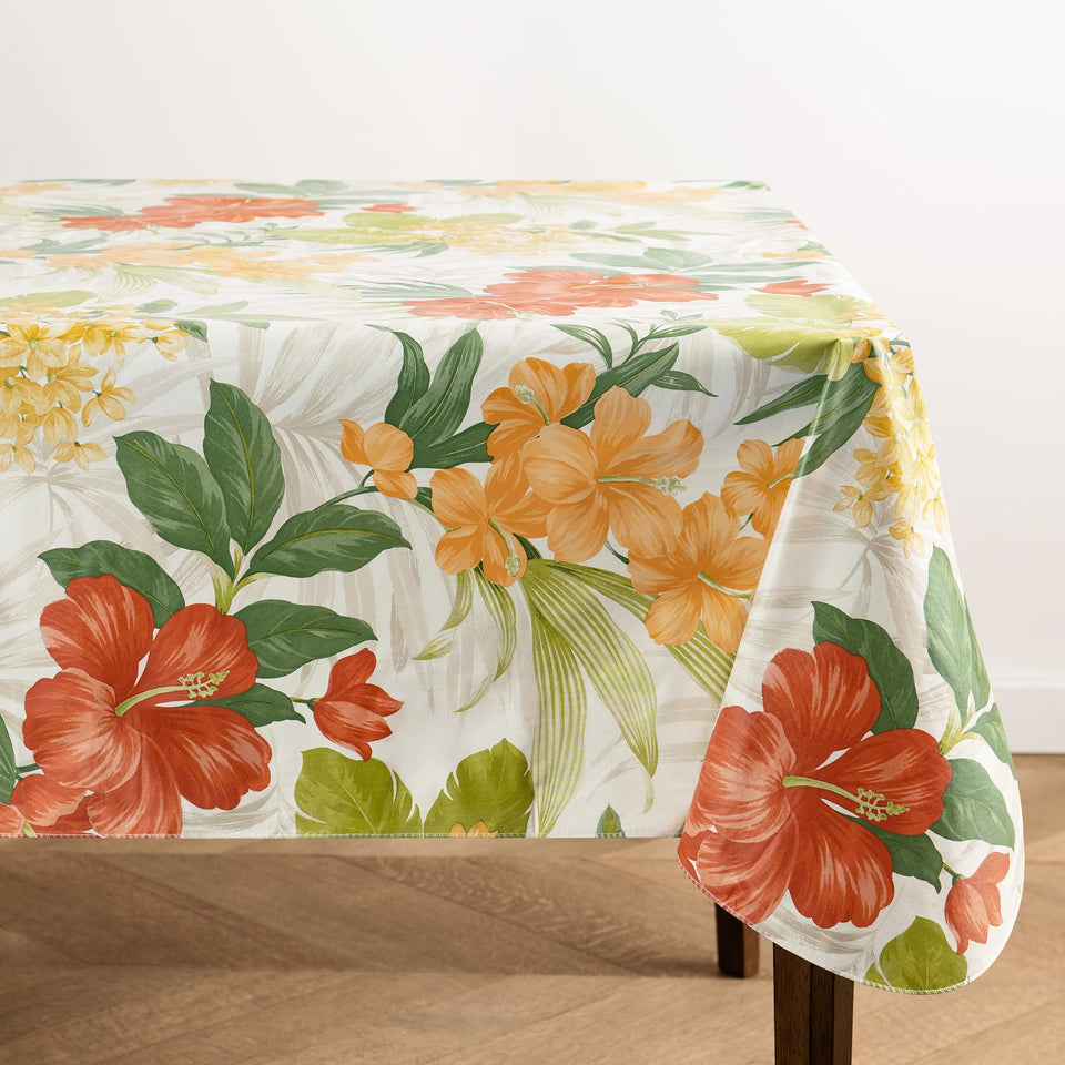 Elrene Callisto tropical tablecloth rectangle 52x70 with hibiscus print, ideal for entertaining.