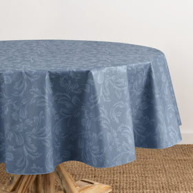 Elrene Camile floral damask pattern tablecloth in blue, ideal for elegant indoor gatherings.