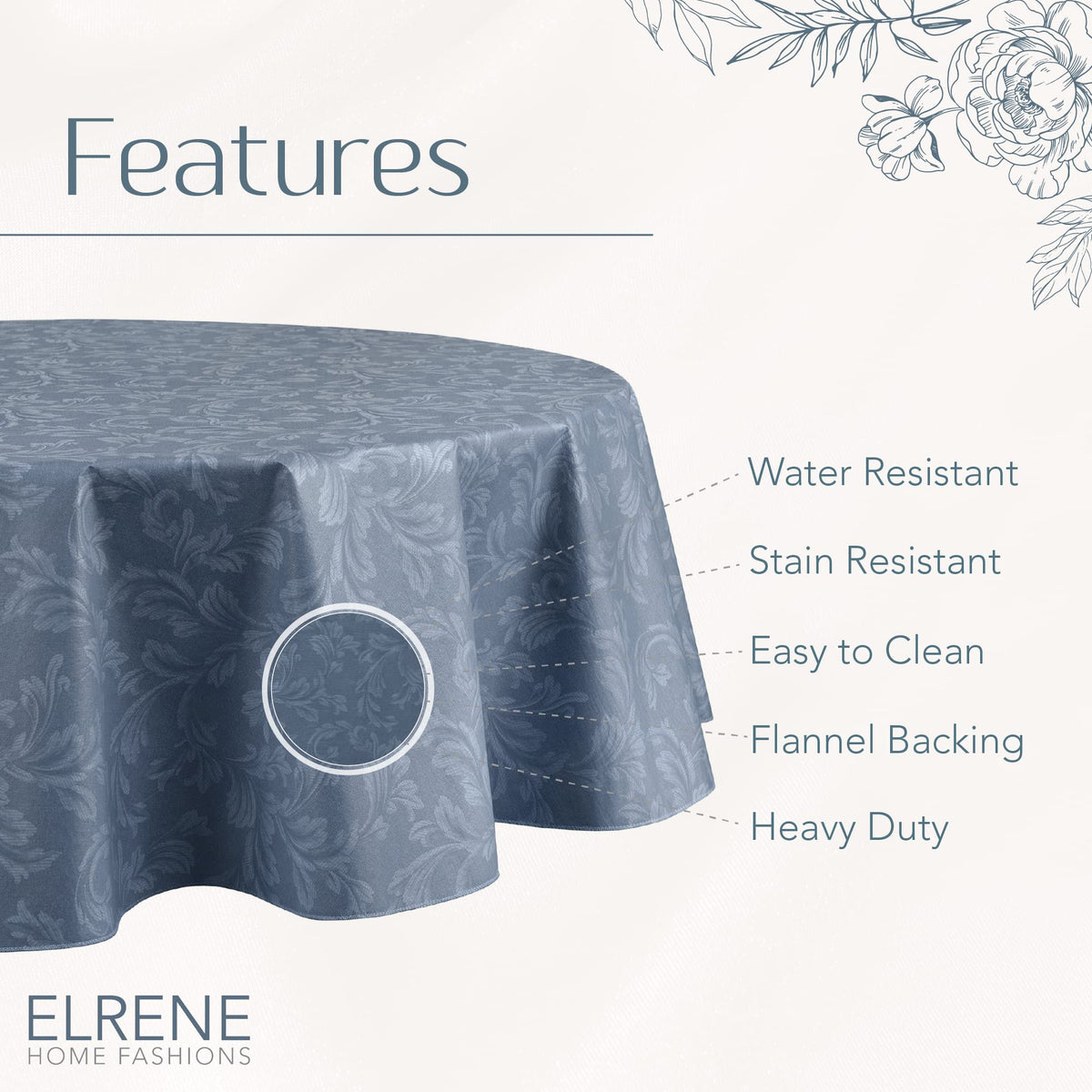 Waterproof and stain-resistant surface of Elrene Camile tablecloth for easy cleanup.