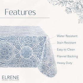 Elrene Savannah 60x84 rectangular tablecloth fits dining tables indoors.