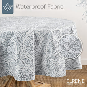Elrene Savannah vinyl tablecloth waterproof for spills during outdoor meals.
