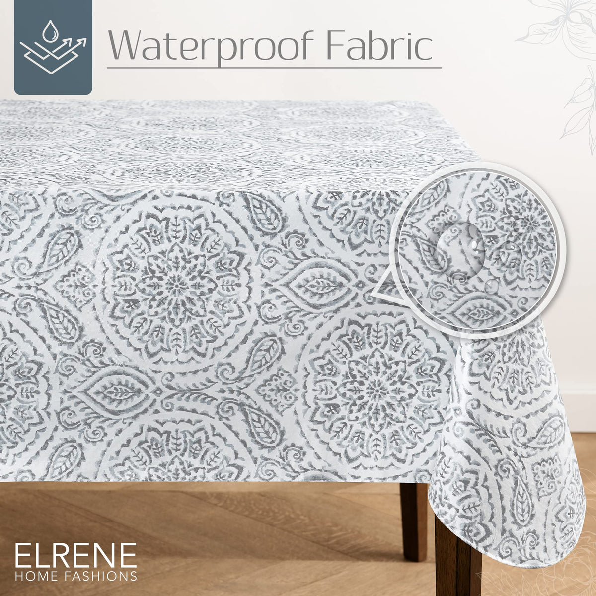 Elrene Savannah vinyl tablecloth waterproof and easy to wipe clean after spills.