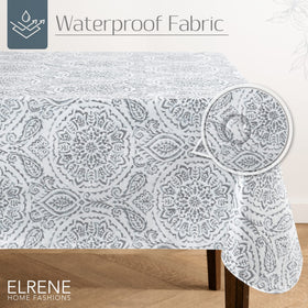 Elrene Savannah vinyl tablecloth waterproof and easy to wipe clean after spills.
