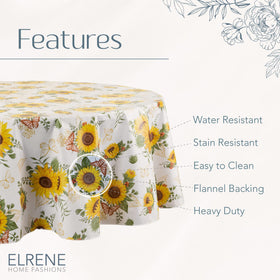 Elrene Sunflower Season tablecloth with flannel backing stays in place during meals.