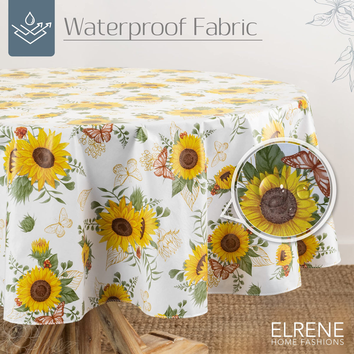 Elrene Sunflower Season design with sunflowers and monarch butterflies enhances table aesthetics for events.
