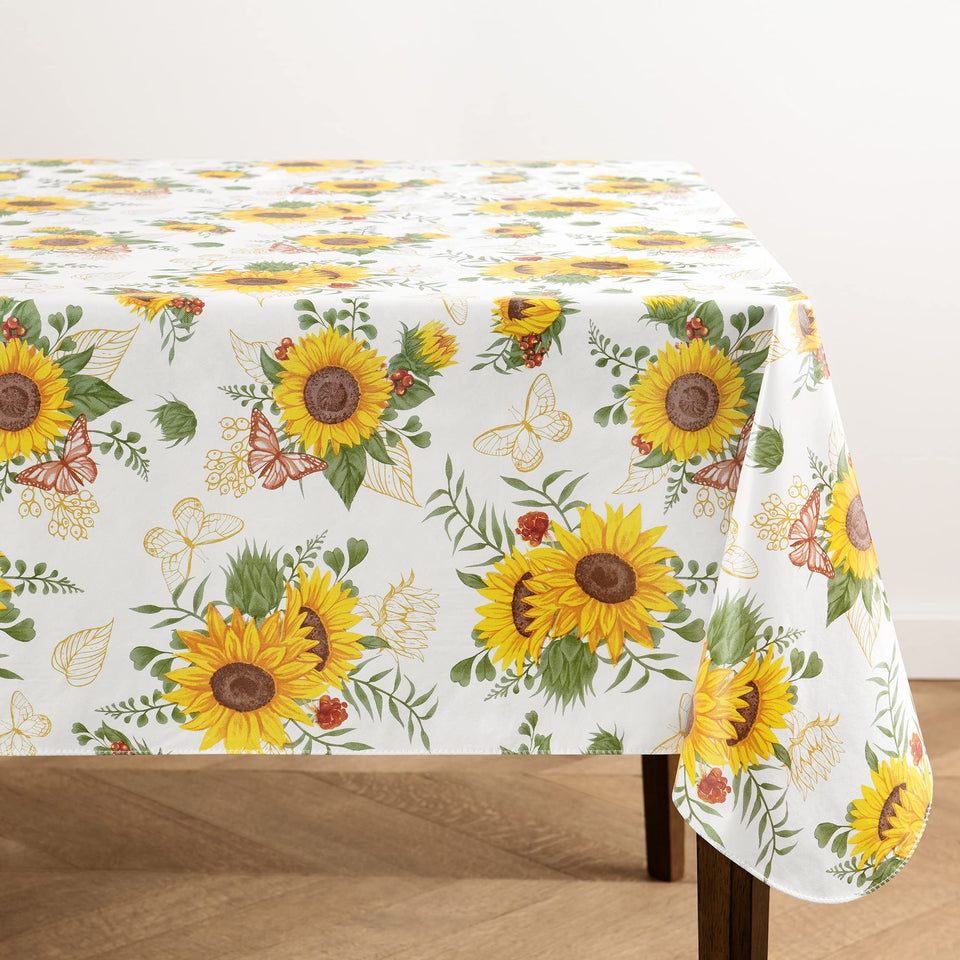 Elrene Sunflower Season tablecloth closeup sunflowers with spill protection