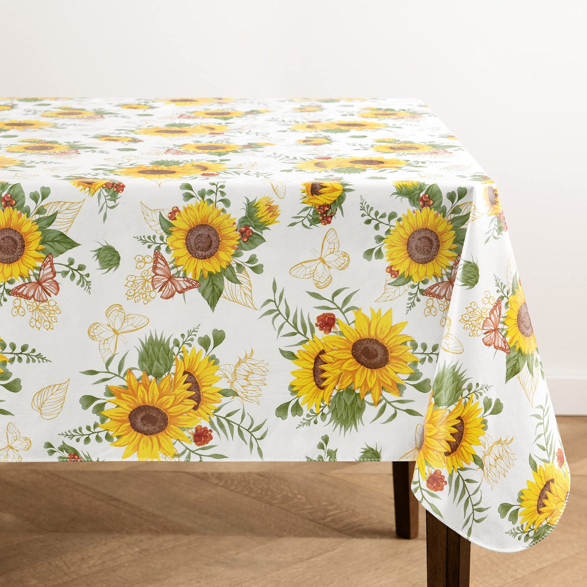 Elrene Sunflower Season tablecloth close-up of sunflowers and monarch butterflies, vintage vibe.