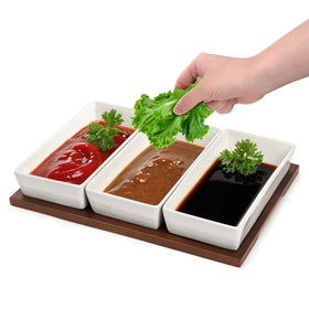 Elsjoy divided serving platter highlights ceramic bowls for separate flavors and neat presentation.