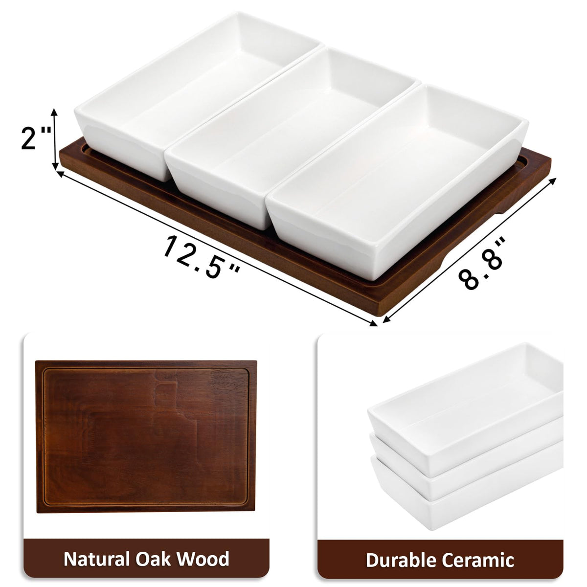 Elsjoy oak wood tray with removable bowls for easy serving and cleanup.