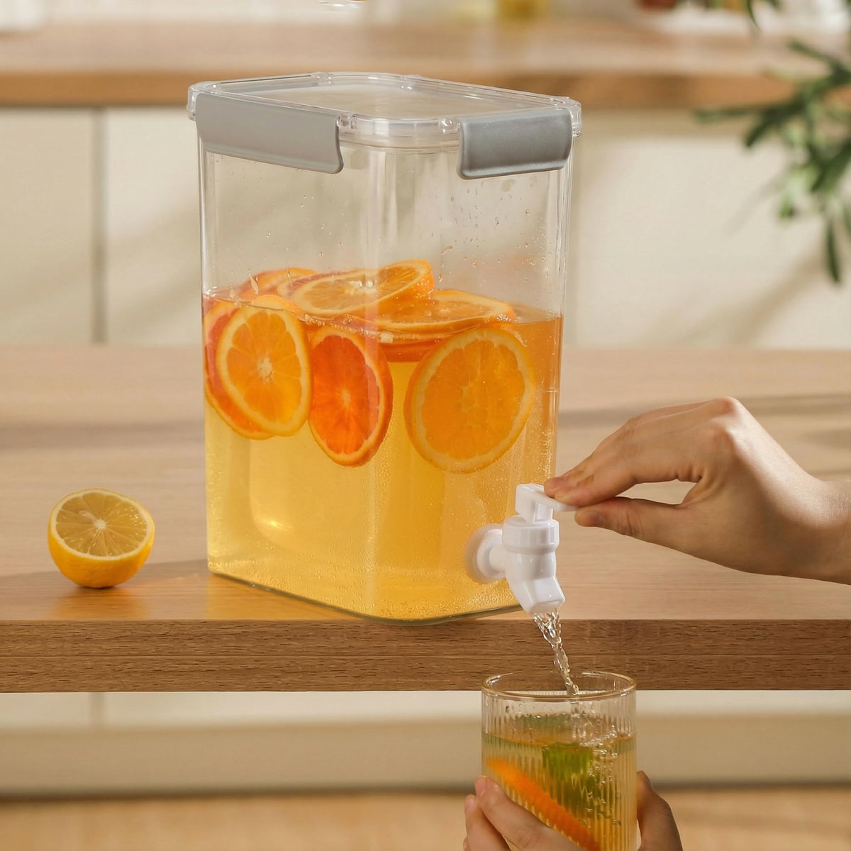 Portable Elsjoy dispenser supports iced tea, lemonade, and coffee at parties.