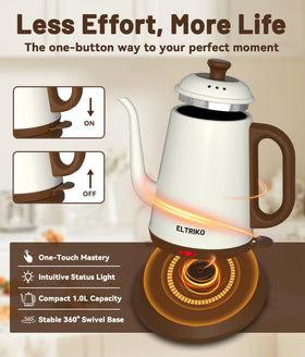 ELTRIKO Gooseneck Kettle boil-dry protection prevents damage when unattended.