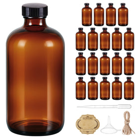 Elumeiro 16oz amber Boston bottle with cap, ideal for essential oils and syrups.