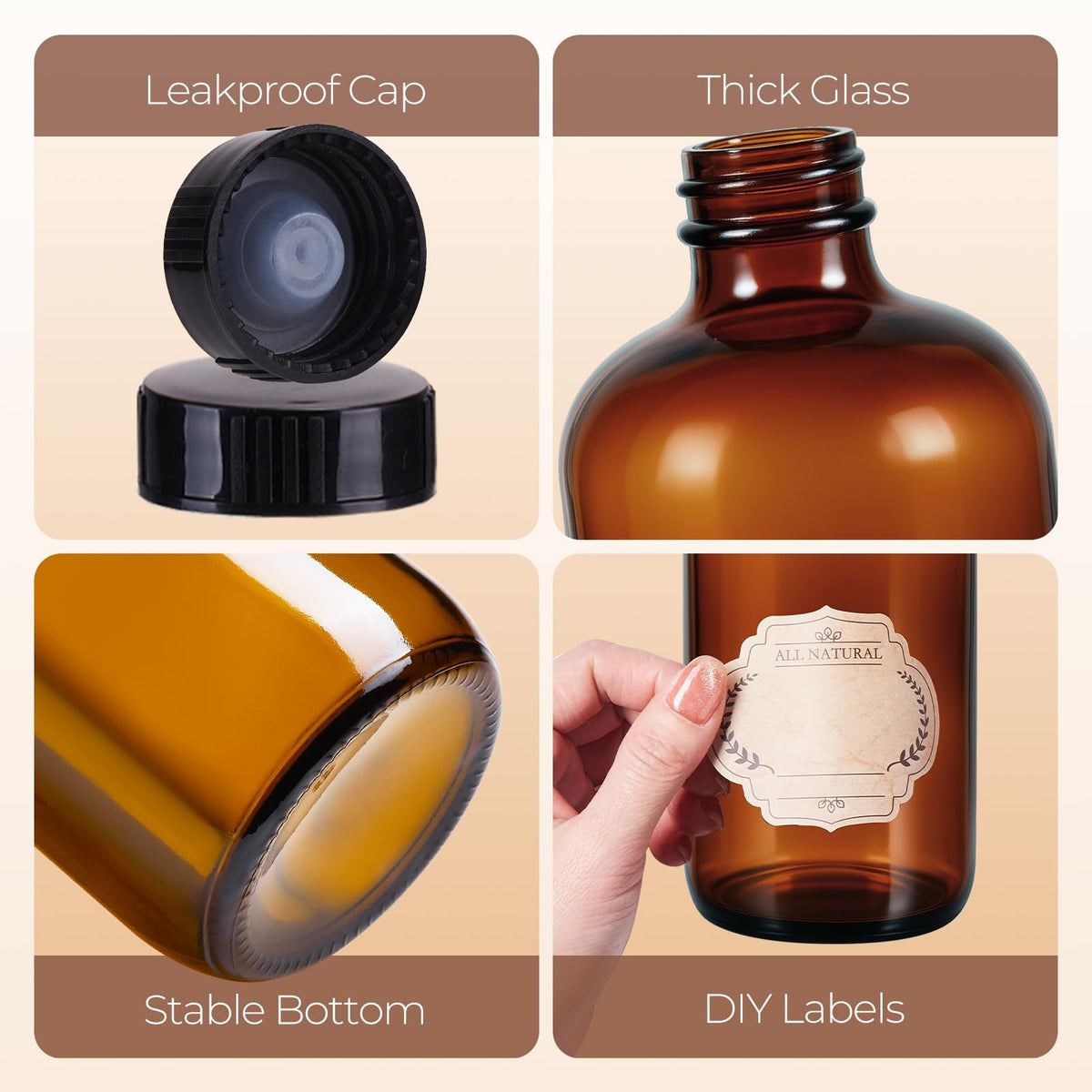 Elumeiro amber glass bottle suitable for syrups and sauces.