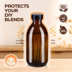 Essential oil storage bottle reduces light exposure to maintain potency.