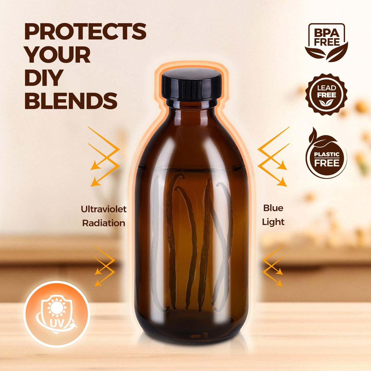 Elumeiro versatile 8oz bottle suitable for vanilla, syrups, oils, or juices.
