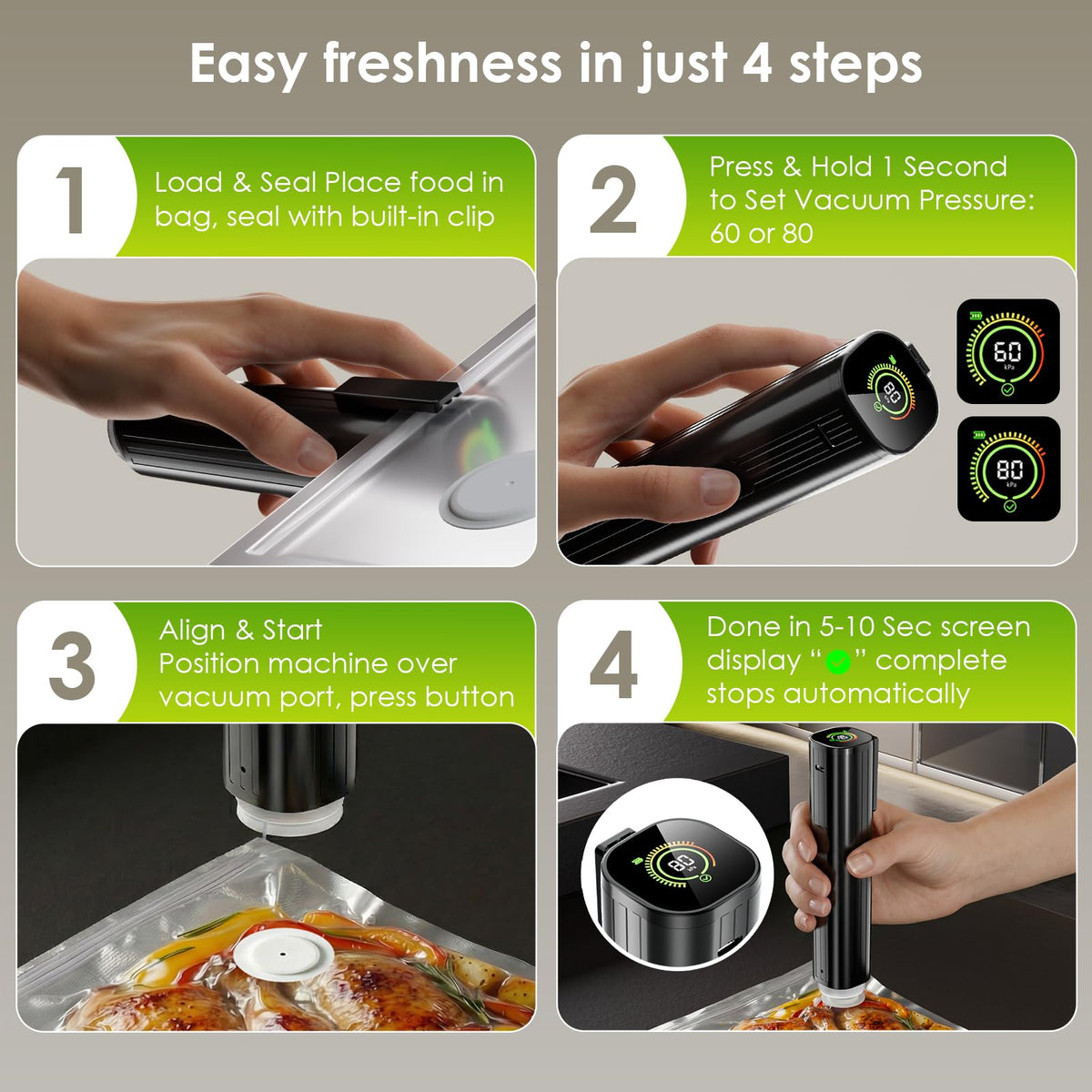 Elxis sealer features two speeds for delicate or dense foods.