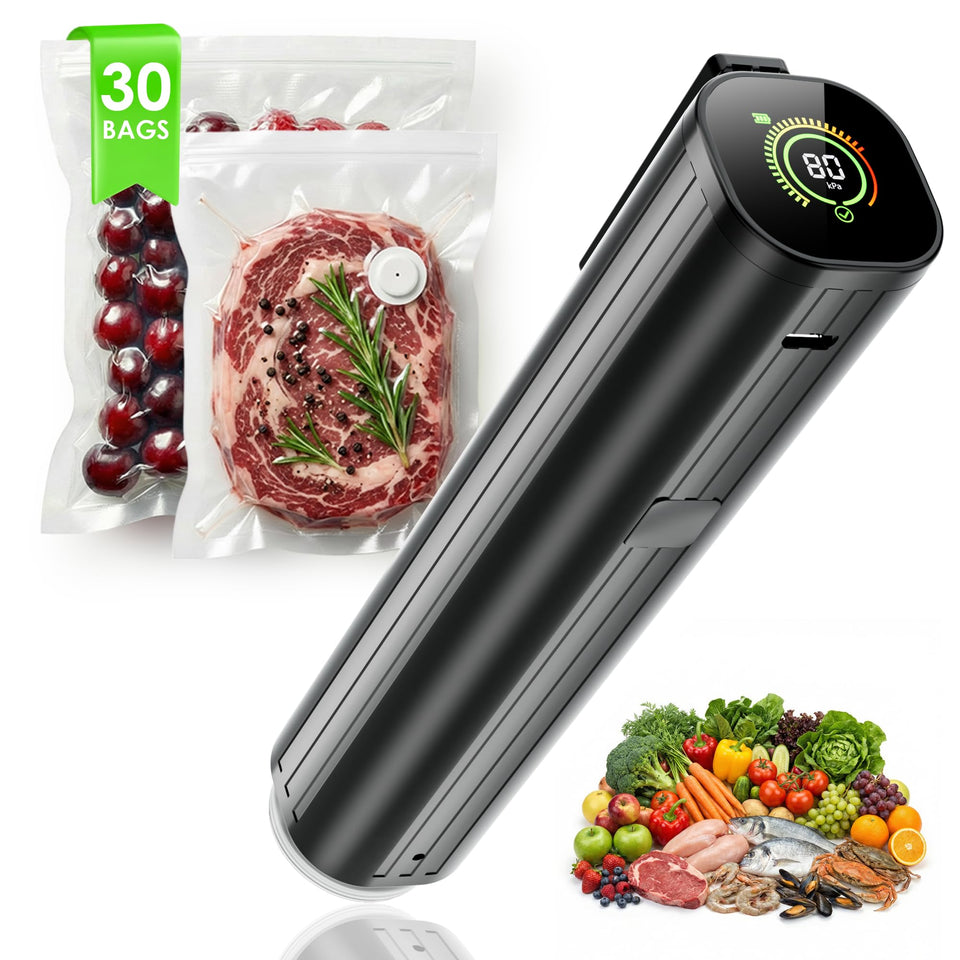 Elxis vacuum sealer with LED pressure display guides precise sealing for delicate foods.