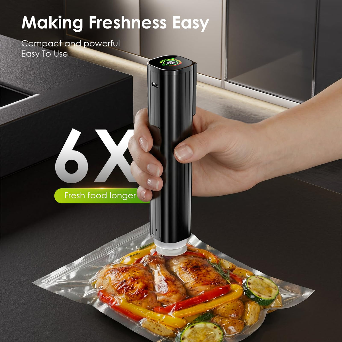 Compact Elxis vacuum sealer fits in your hand for on the go freshness.