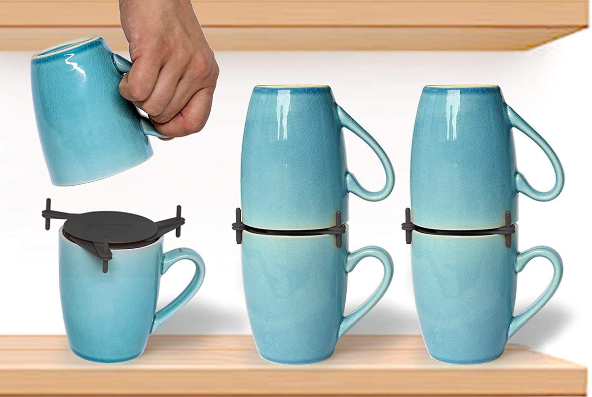 ELYPRO coffee mug organizer in black stackable design for compact cabinet storage.