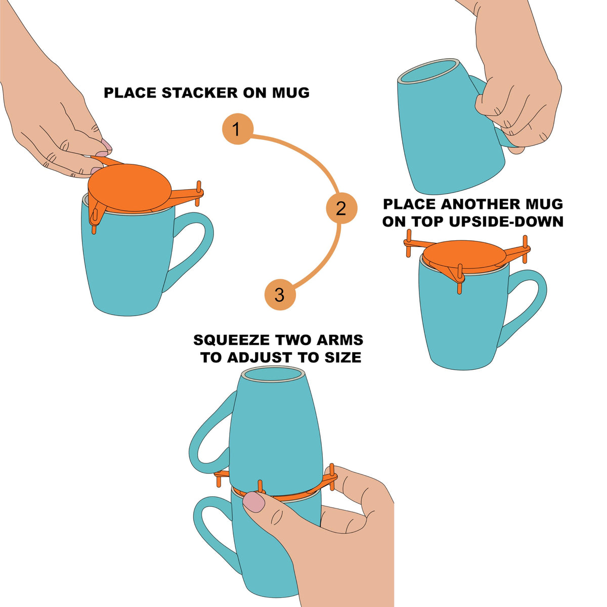 ELYPRO six-pack mug stackers hold up to 12 mugs for organized shelves.